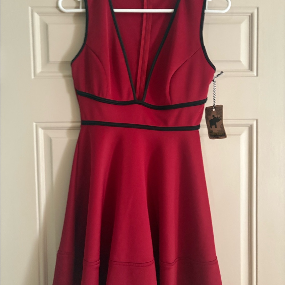 New Mystic Red Mini Dress with Black Trim